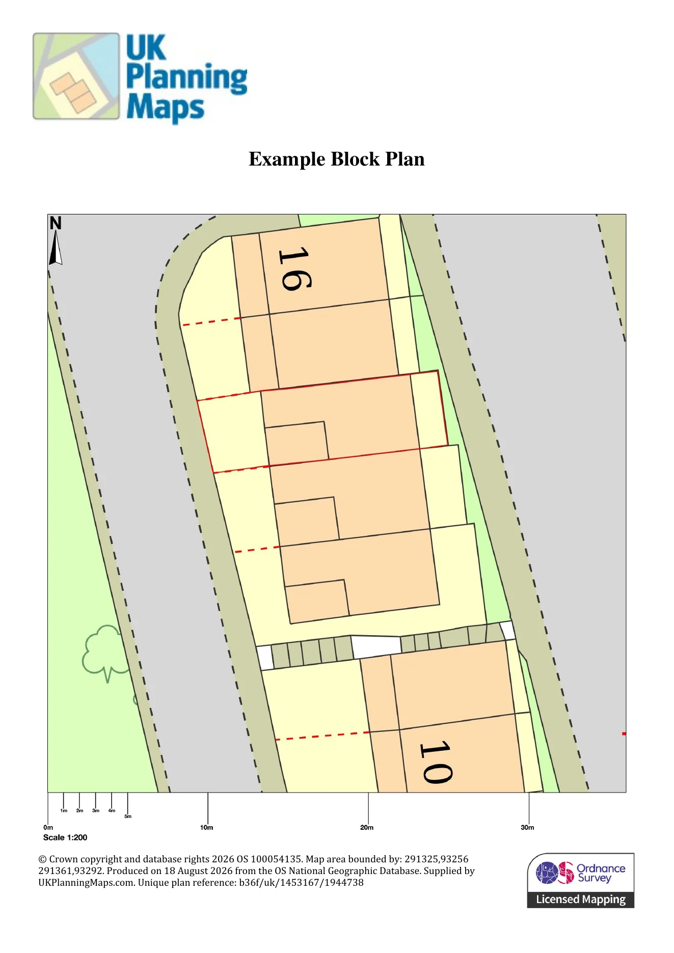 UKPlanningMaps 1:200 block plan showing buildings, plots, surrounding roads and the application boundary.