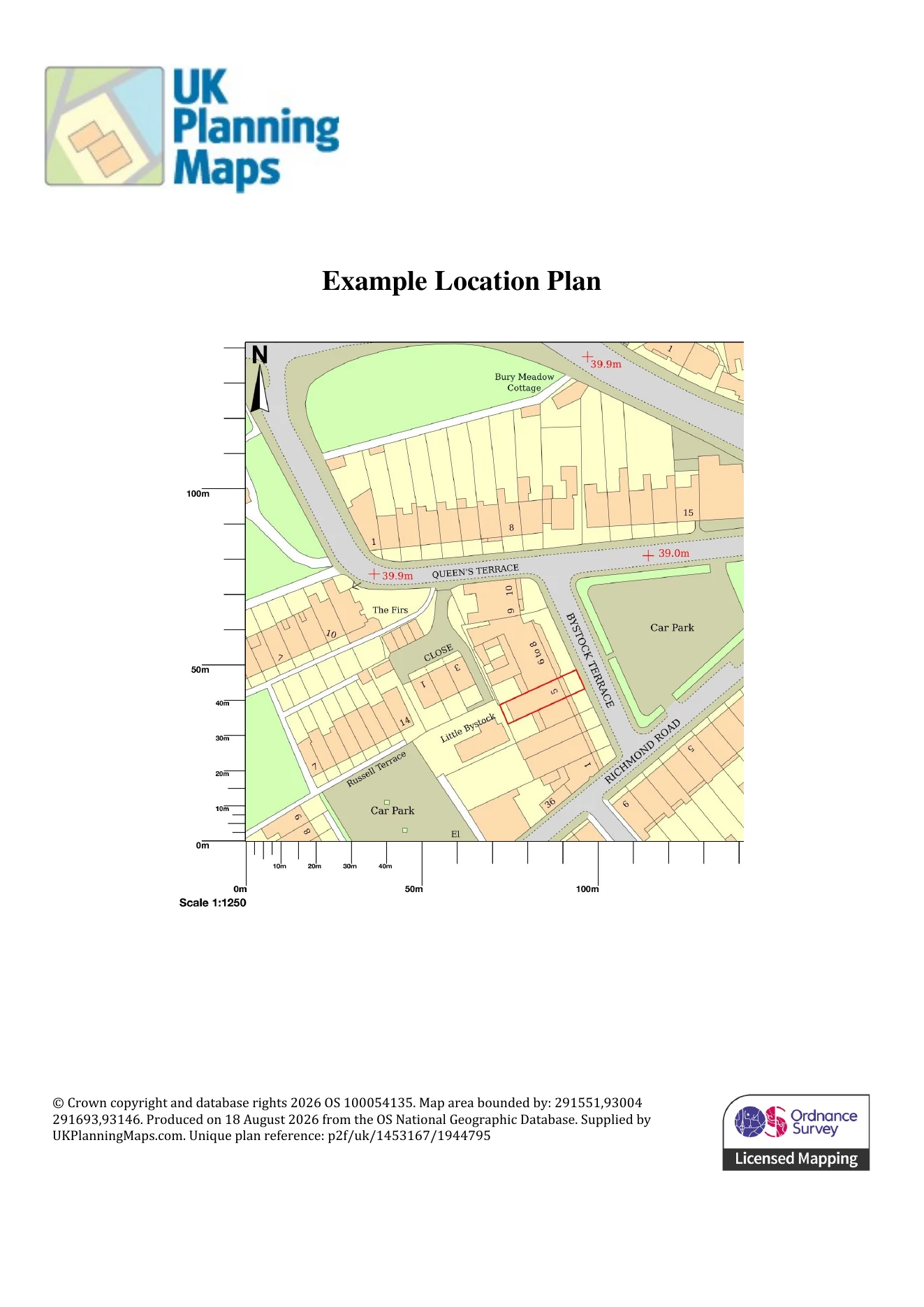 UKPlanningMaps 1:1,250 location plan showing a residential application site outlined in red.