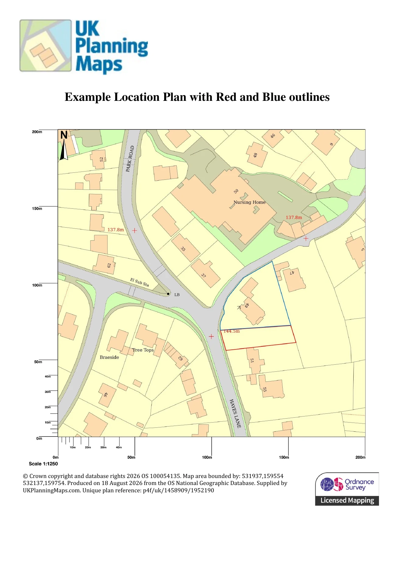 UKPlanningMaps 1:1,250 location plan showing application land in red and other applicant-owned land in blue.