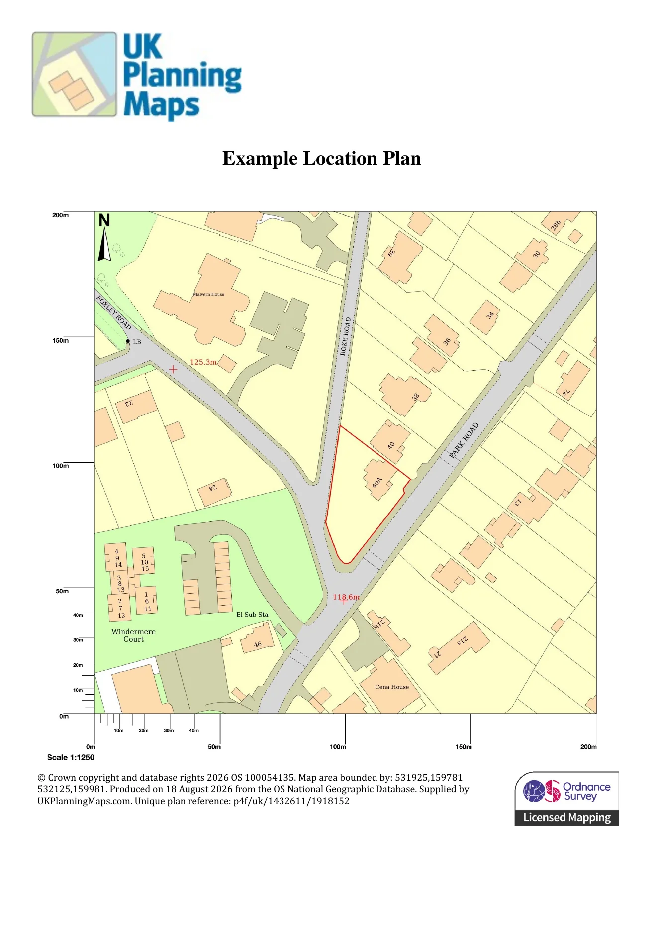 UKPlanningMaps 1:1,250 location plan showing the application site around 40A outlined in red between Roke Road and Park Road.