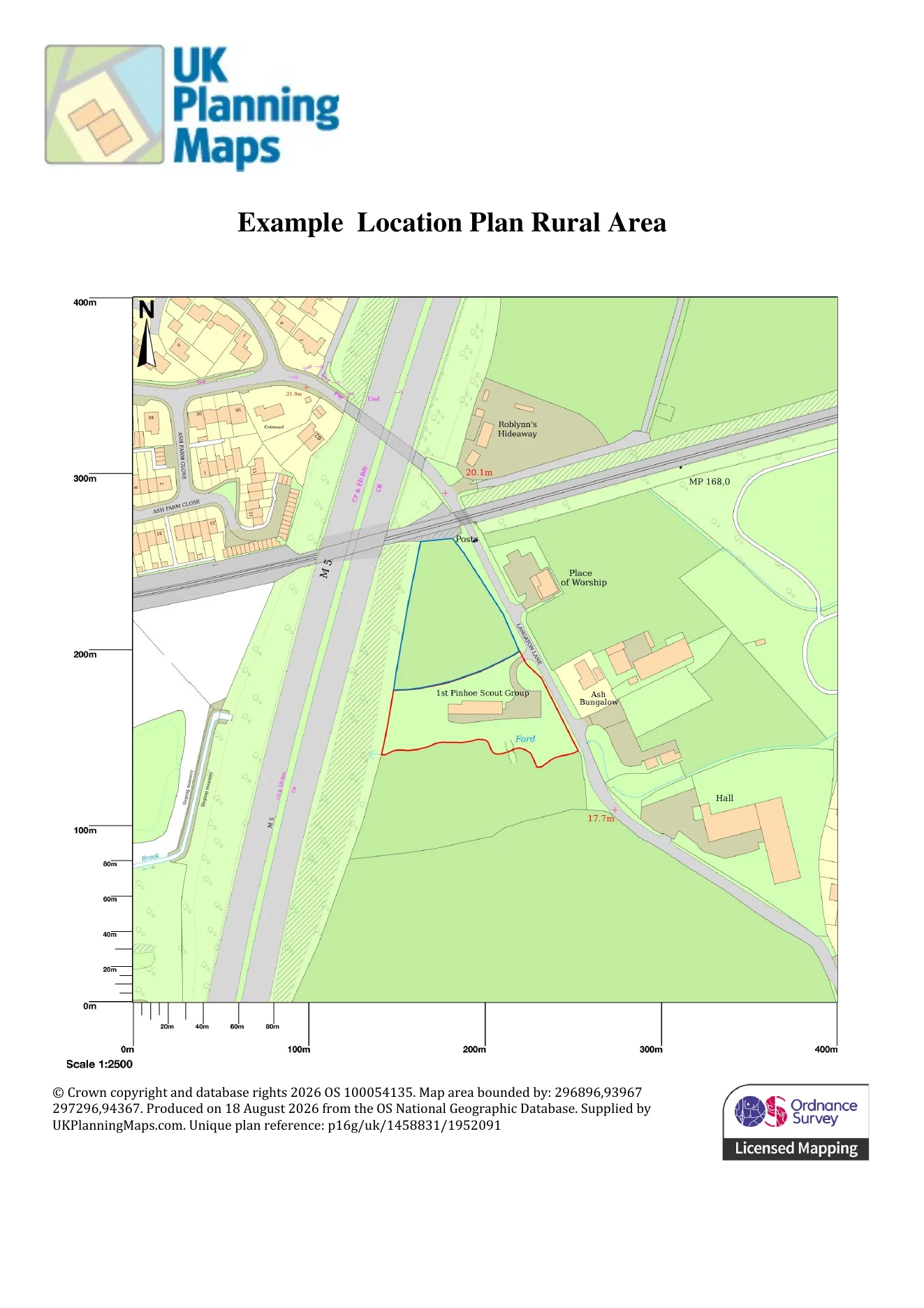 UKPlanningMaps 1:2,500 rural location plan showing a rural site, access and adjoining owned land.