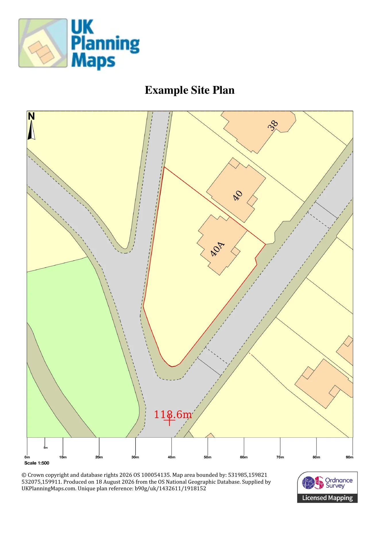 UKPlanningMaps 1:500 site plan showing property 40A and its application-site boundary outlined in red.