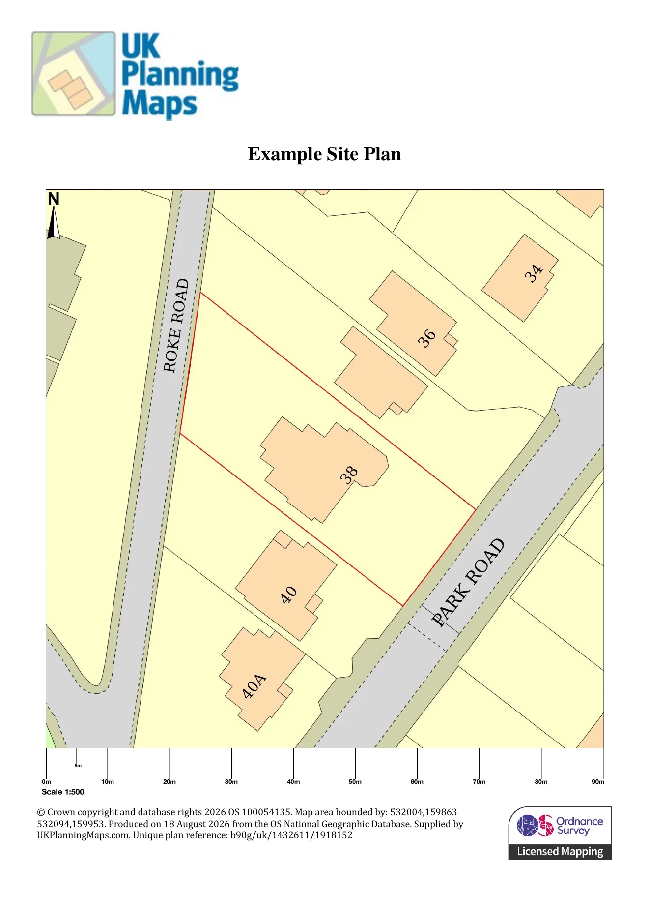 UKPlanningMaps 1:500 site plan showing number 38 and its full application site outlined in red between Rokely Road and Park Road.