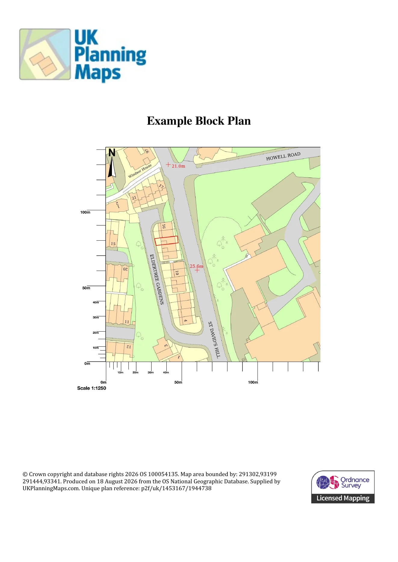 UKPlanningMaps 1:1,250 two-hectare planning-map example showing the application property outlined in red at Elder Tree Gardens.